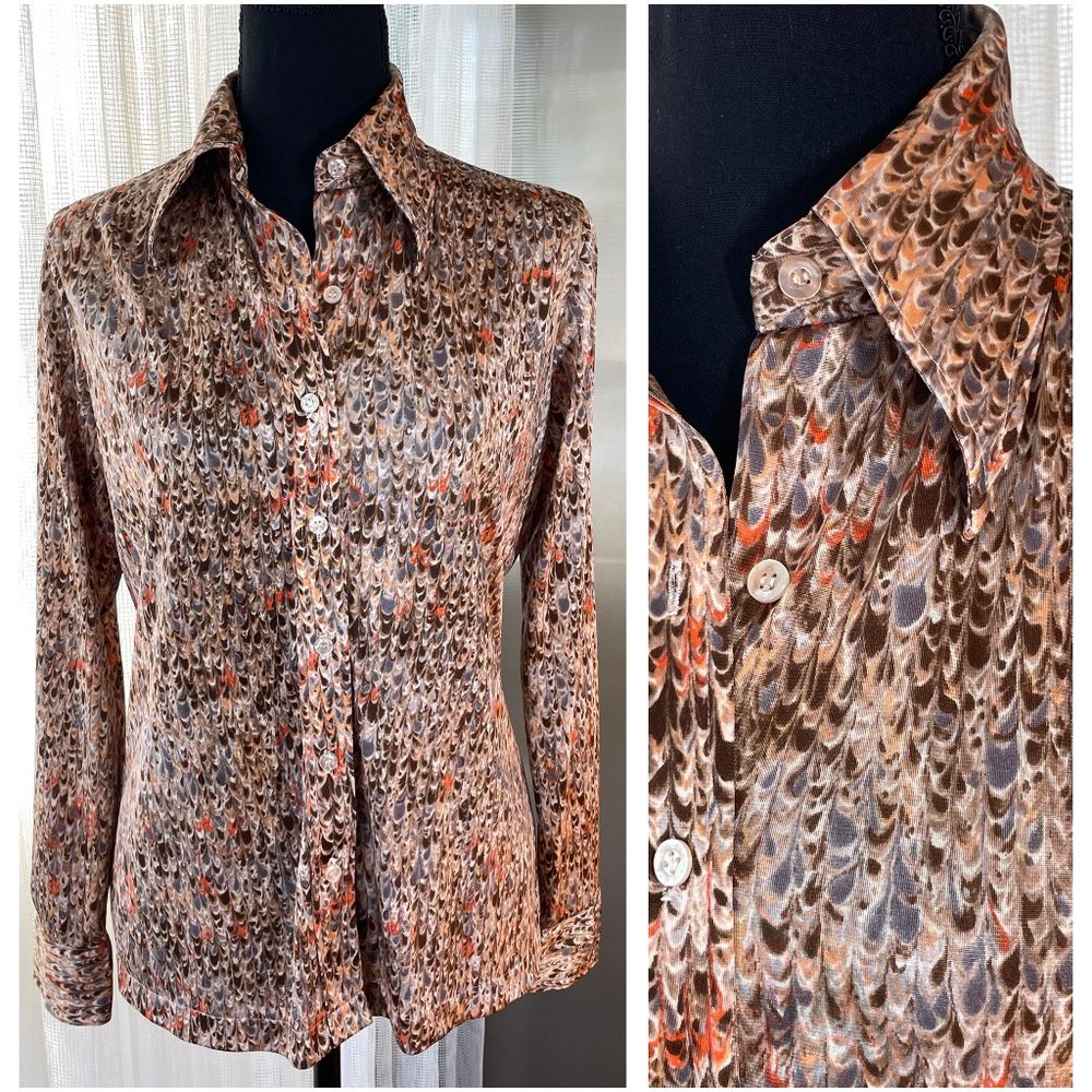 Vintage 70s top, abstract brown pattern, long sleeves blouse, size 4/6 (S/M)